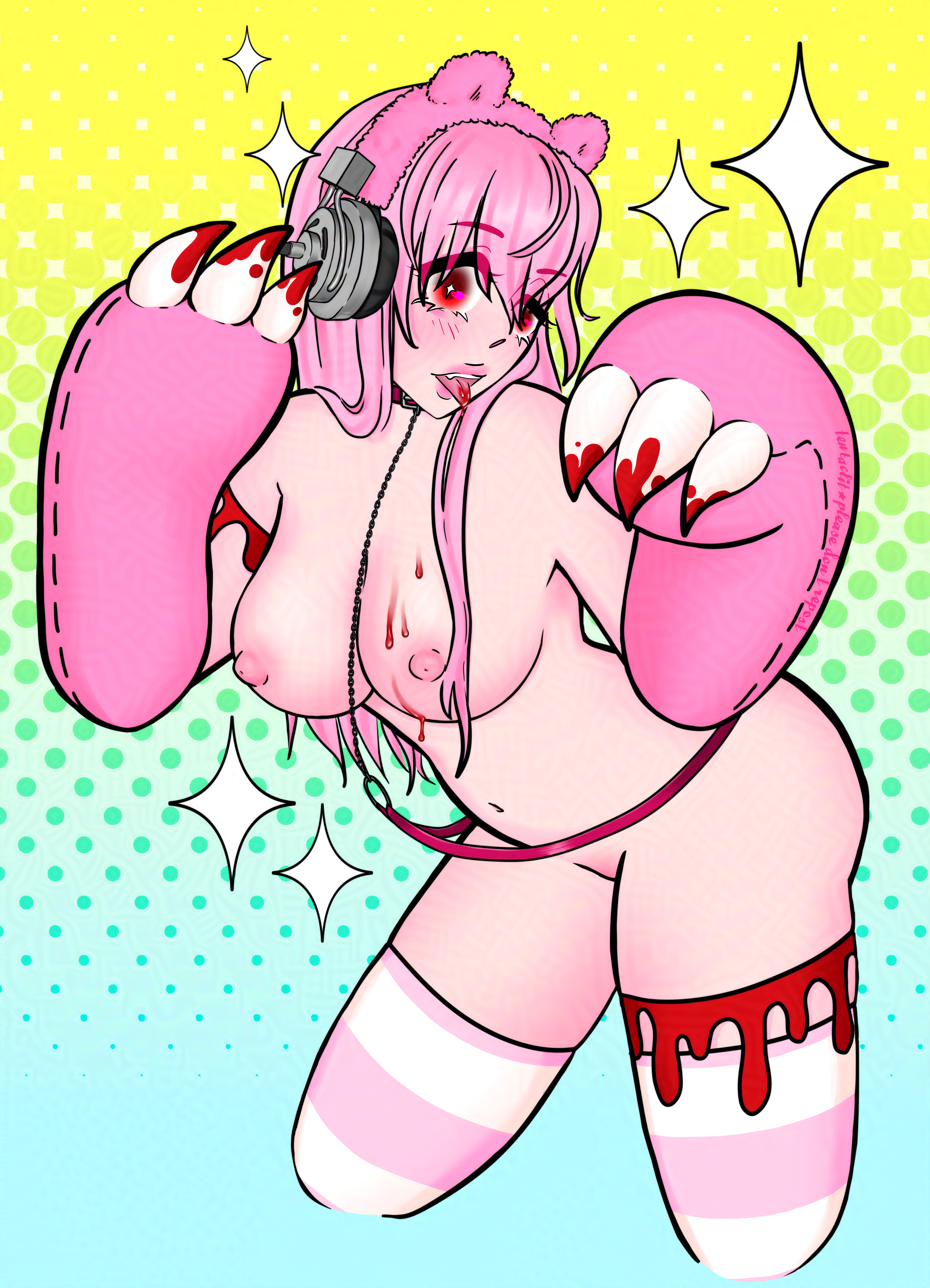 Sonico from the knee up. She's wearing fuzzy pink bear ears and big paws with blood-soaked claws. She's sticking her tongue out, blood dripping from it. There's blood on her left boob.